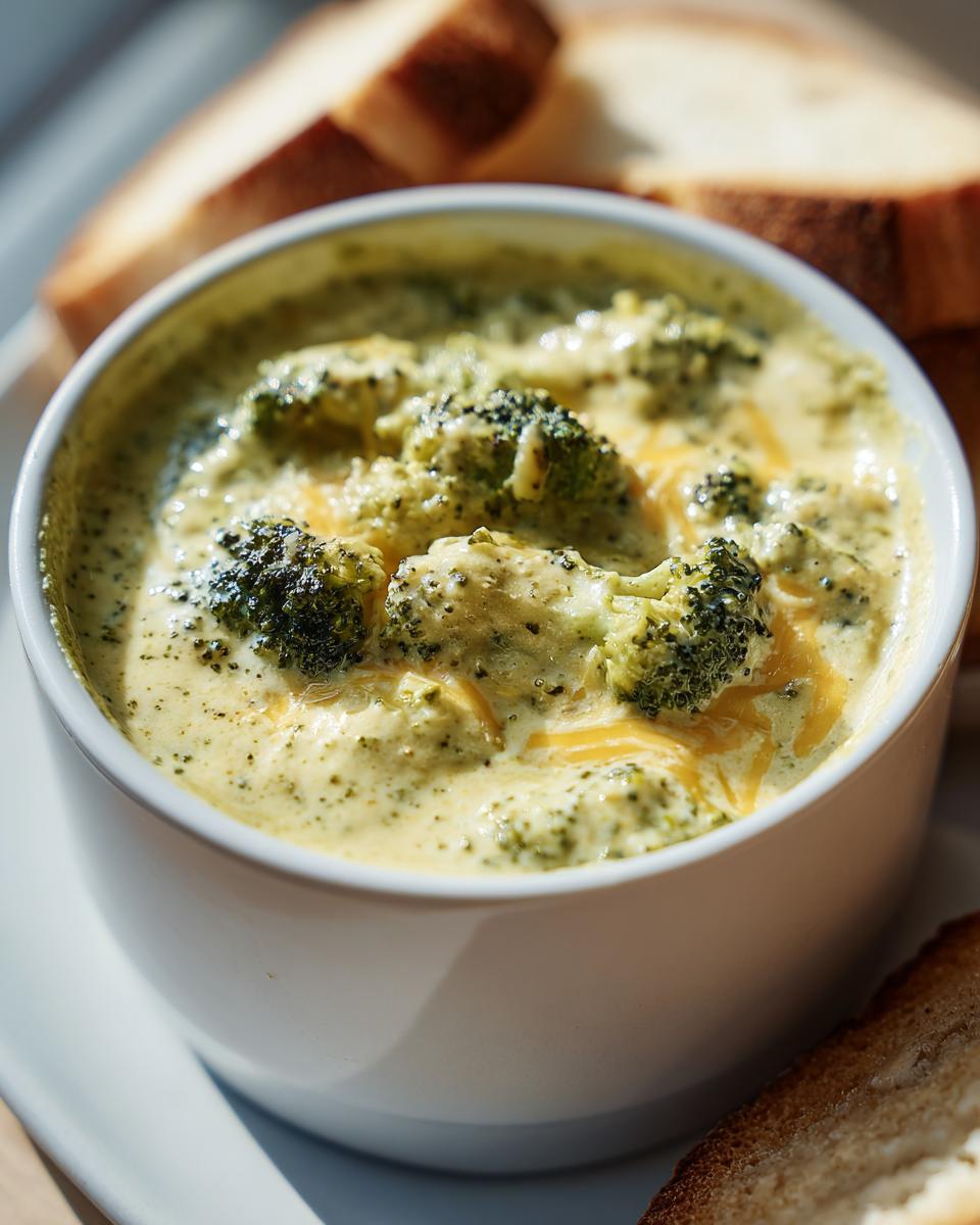 A close-up of a white bowl filled with creamy Panera Broccoli Cheddar Soup, topped with melted cheddar cheese and broccoli florets, with toast in the background.