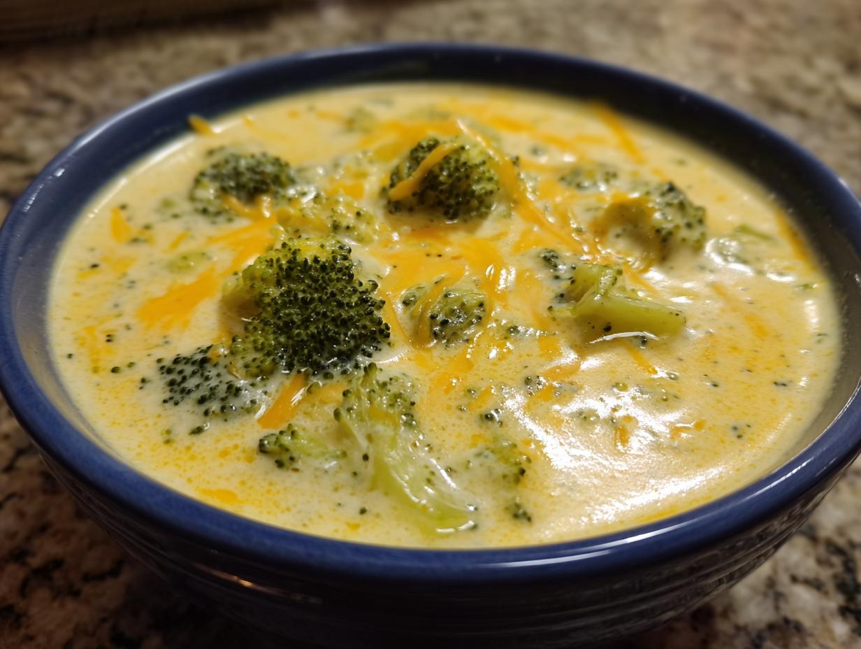 A close-up of a blue bowl filled with creamy Panera Broccoli Cheddar Soup, topped with shredded cheddar cheese and broccoli florets.
