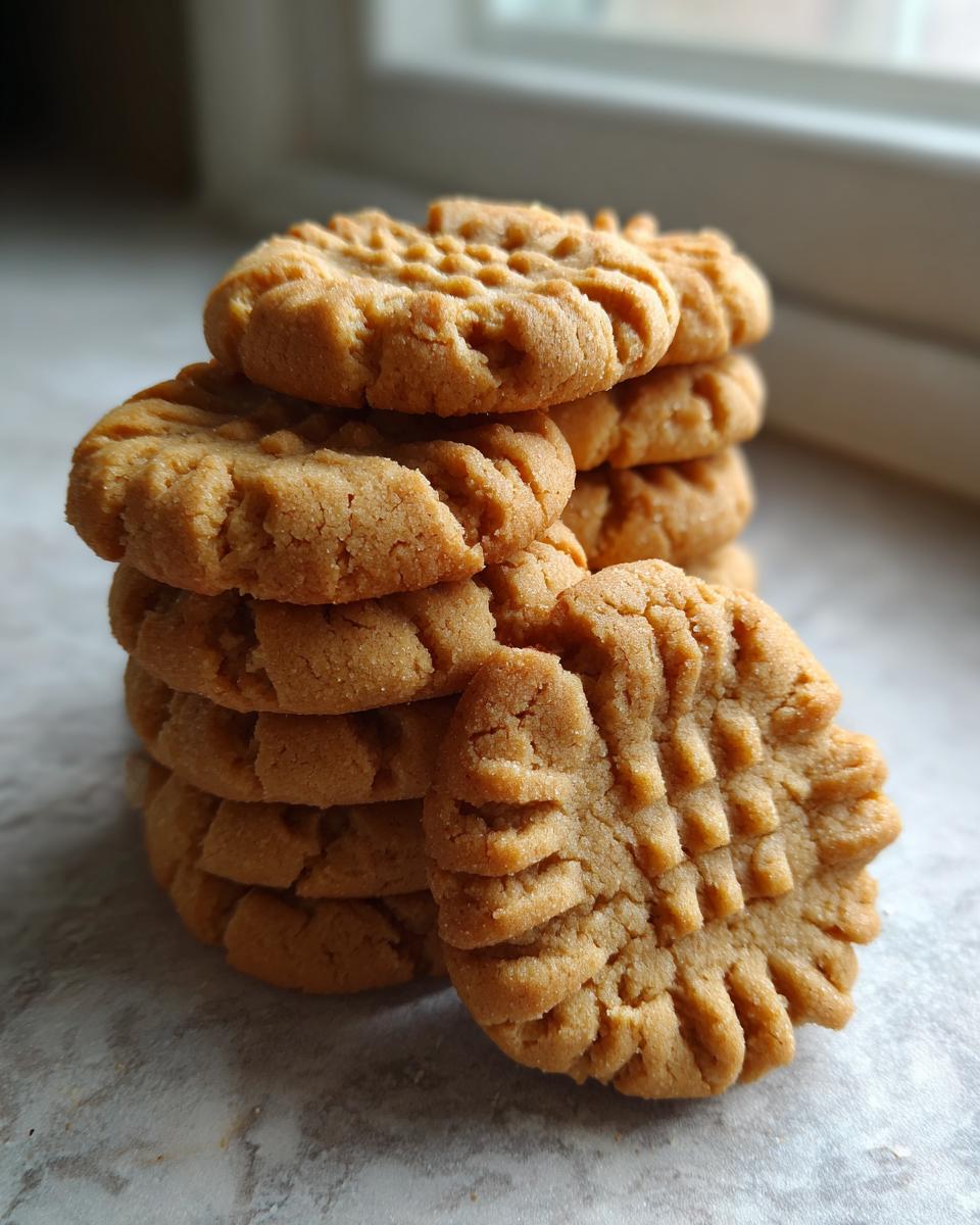 A close-up stack of classic peanut butter cookies with the traditional fork crosshatch pattern.