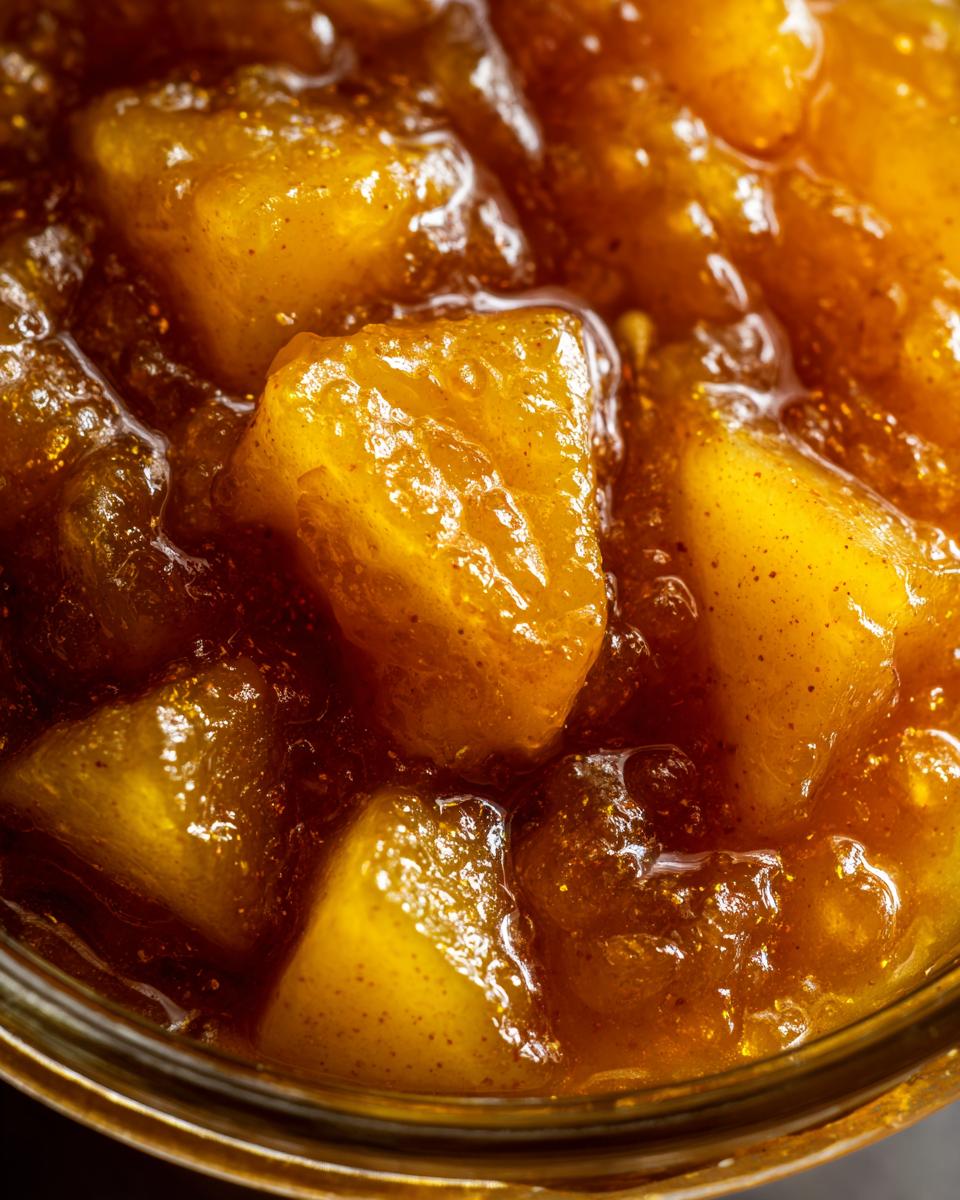 Close-up shot of chunky, glistening Pear Preserves in a jar, showing pieces of pear in a thick, amber syrup.