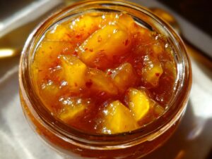 Close-up view of glistening pear preserves with visible chunks of pear and red flecks in a glass jar.