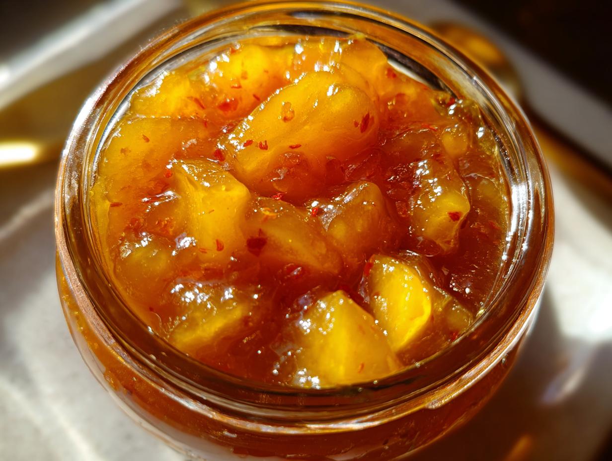 Close-up view of glistening pear preserves with visible chunks of pear and red flecks in a glass jar.