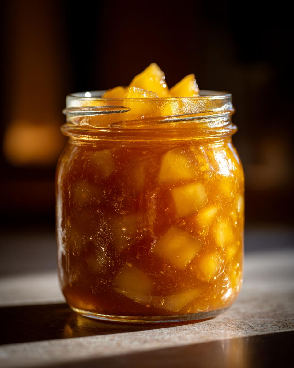 A close-up of a glass jar filled with glistening Pear Preserves, showing chunks of pear in a rich amber syrup.