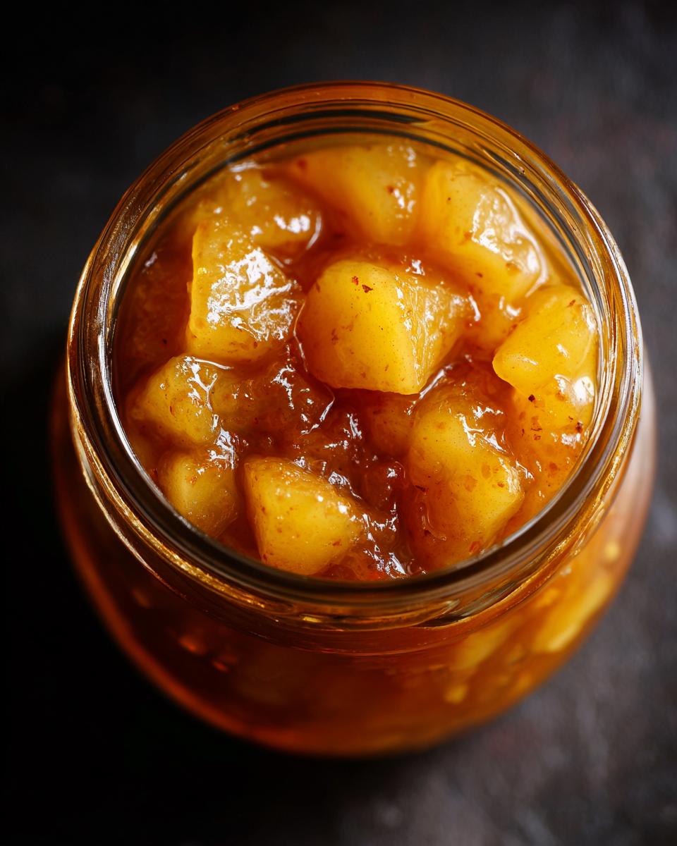 Close-up overhead view of a glass jar filled with chunky, golden Pear Preserves.