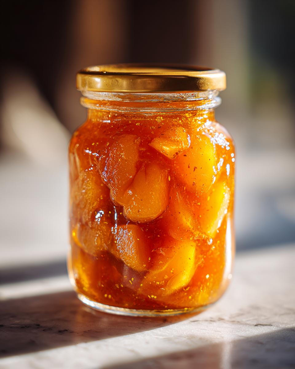 Close-up of a glass jar filled with glistening, golden Pear Preserves.
