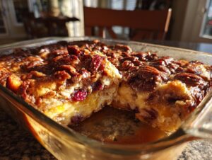 A slice of warm pecan pie dump cake with gooey filling and crunchy pecans in a glass baking dish.