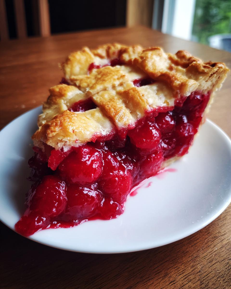 A delicious slice of perfect cherry pie with a golden lattice crust, filled with juicy cherries.