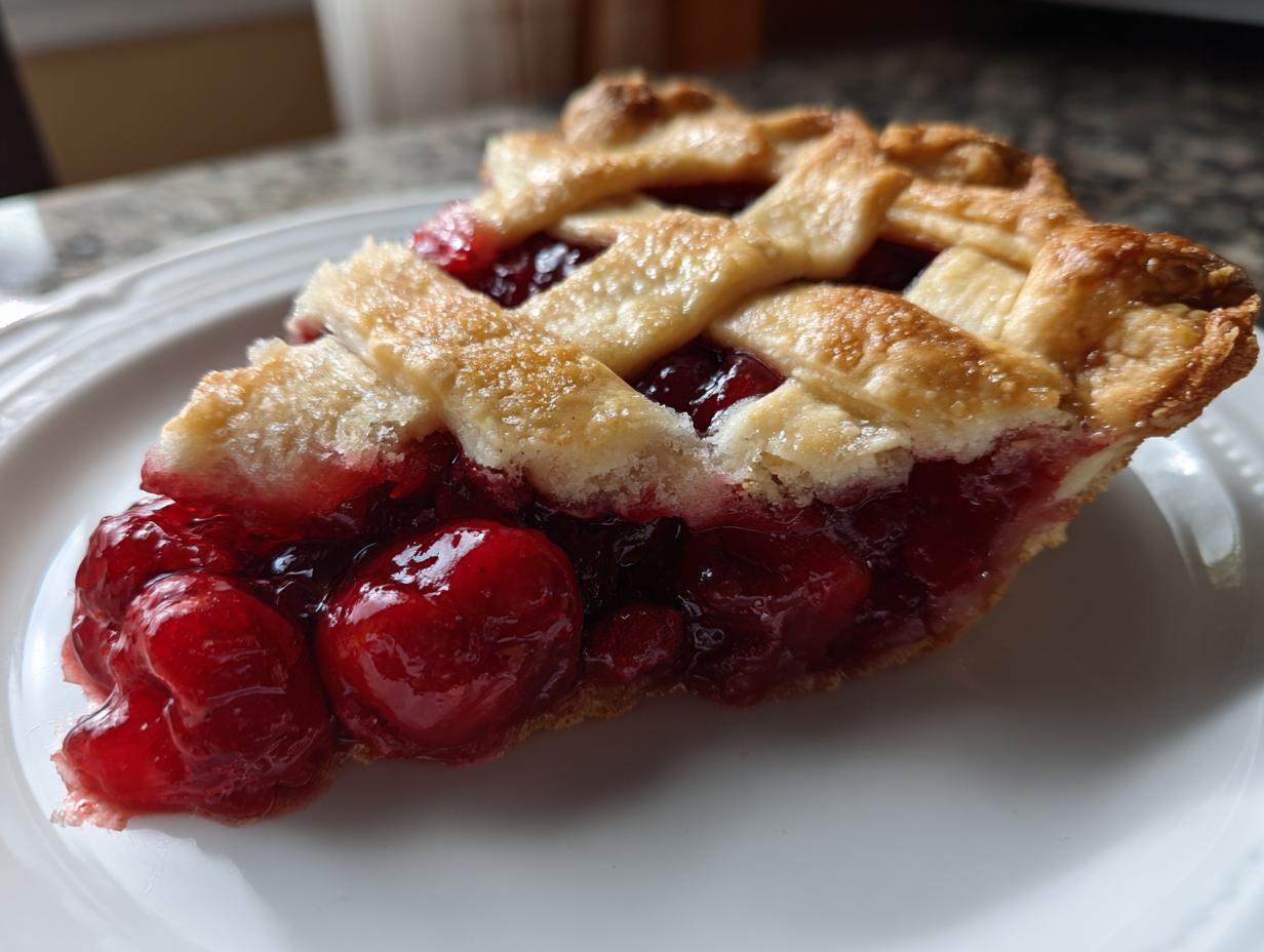 A close-up of a perfect cherry pie slice on a white plate, showcasing a golden lattice crust and juicy cherry filling.