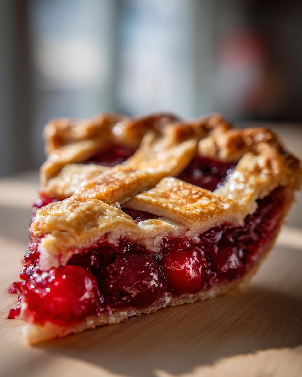 A close-up of a perfect cherry pie slice, showcasing a golden lattice crust and juicy, whole cherries.