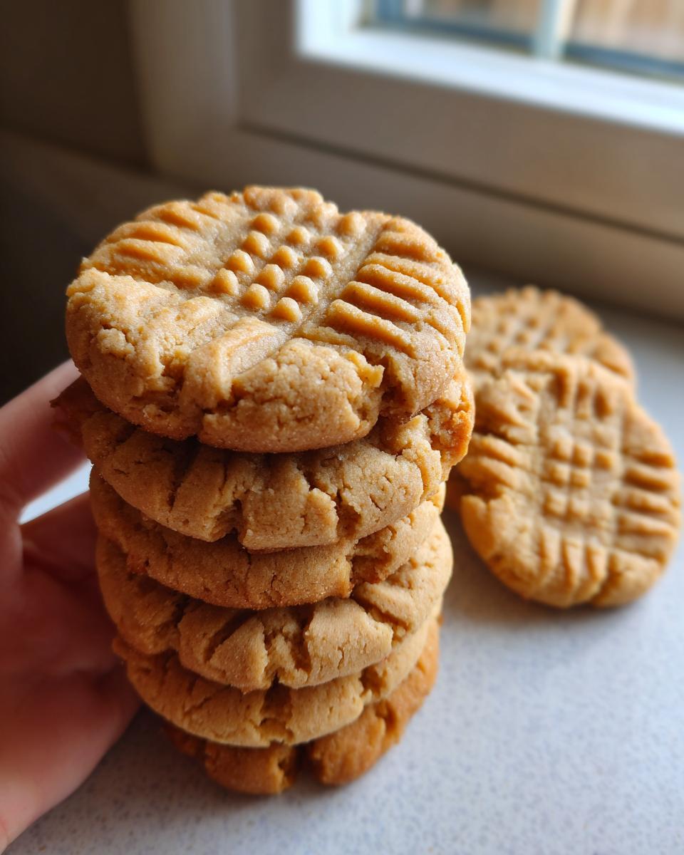 A hand holding a stack of delicious peanut butter cookies with classic criss-cross fork marks.