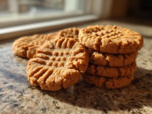 A close-up shot of a stack of delicious peanut butter cookies with classic criss-cross fork marks.