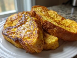 Close-up of golden brown protein French toast slices drizzled with syrup on a white plate.