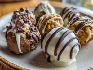 A close-up of several delicious pumpkin cheesecake truffles, some drizzled with white and dark chocolate.