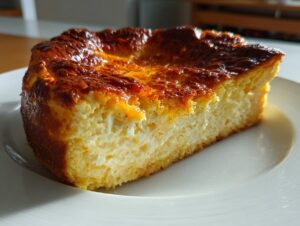 A slice of golden-brown baked pumpkin cottage cheese cheesecake on a white plate.