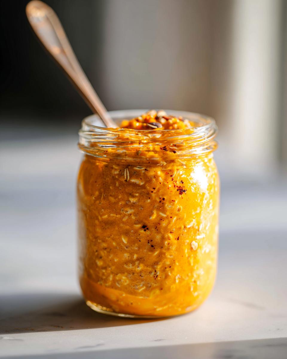 A close-up of a glass jar filled with creamy Pumpkin Overnight Oats, topped with seeds and a spoon.