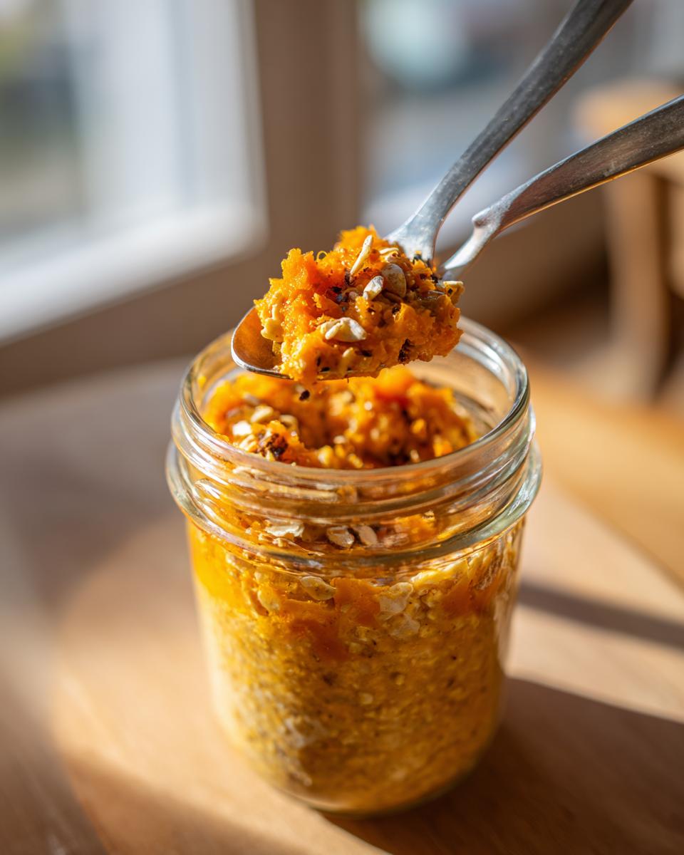 A spoonful of pumpkin overnight oats with seeds being lifted from a jar.