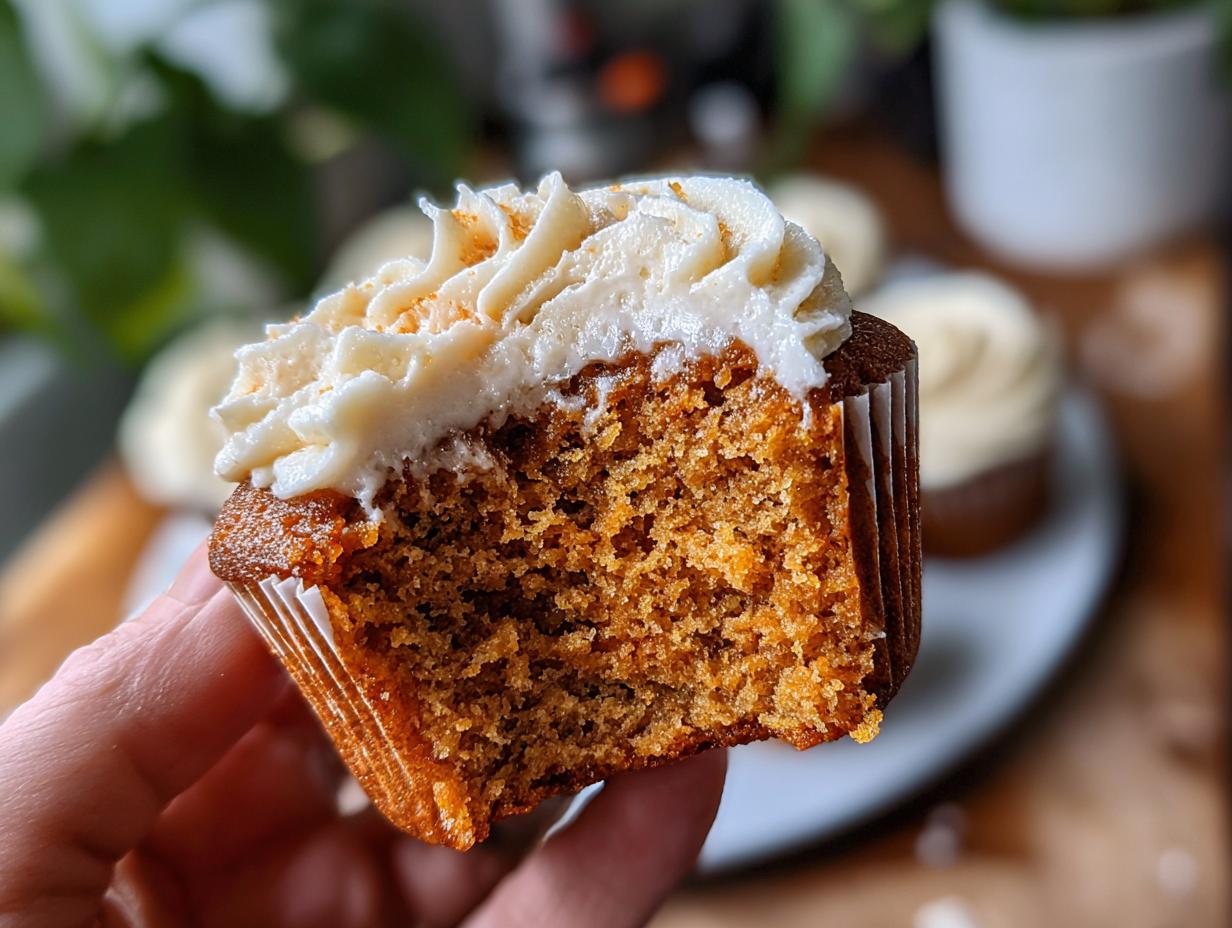 A hand holds a delicious pumpkin spice cupcake, showing the moist crumb and creamy frosting.