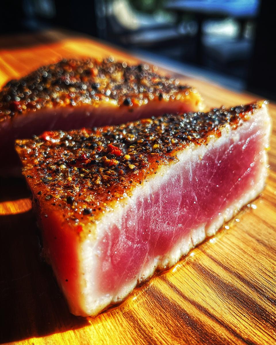 Close-up of two seared tuna steaks seasoned with pepper and spices, resting on a wooden board.