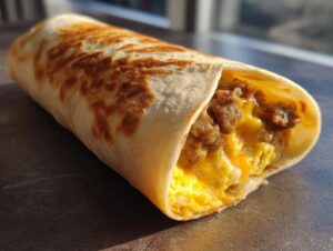 A close-up of a perfectly cooked sausage egg wrap, showing fluffy scrambled eggs and savory sausage inside a golden tortilla.