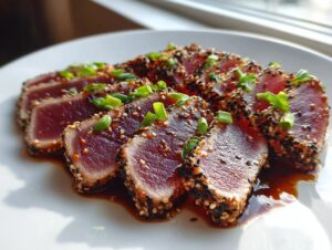 Close-up of perfectly seared ahi tuna slices coated in sesame seeds, drizzled with sauce and garnished with green onions.