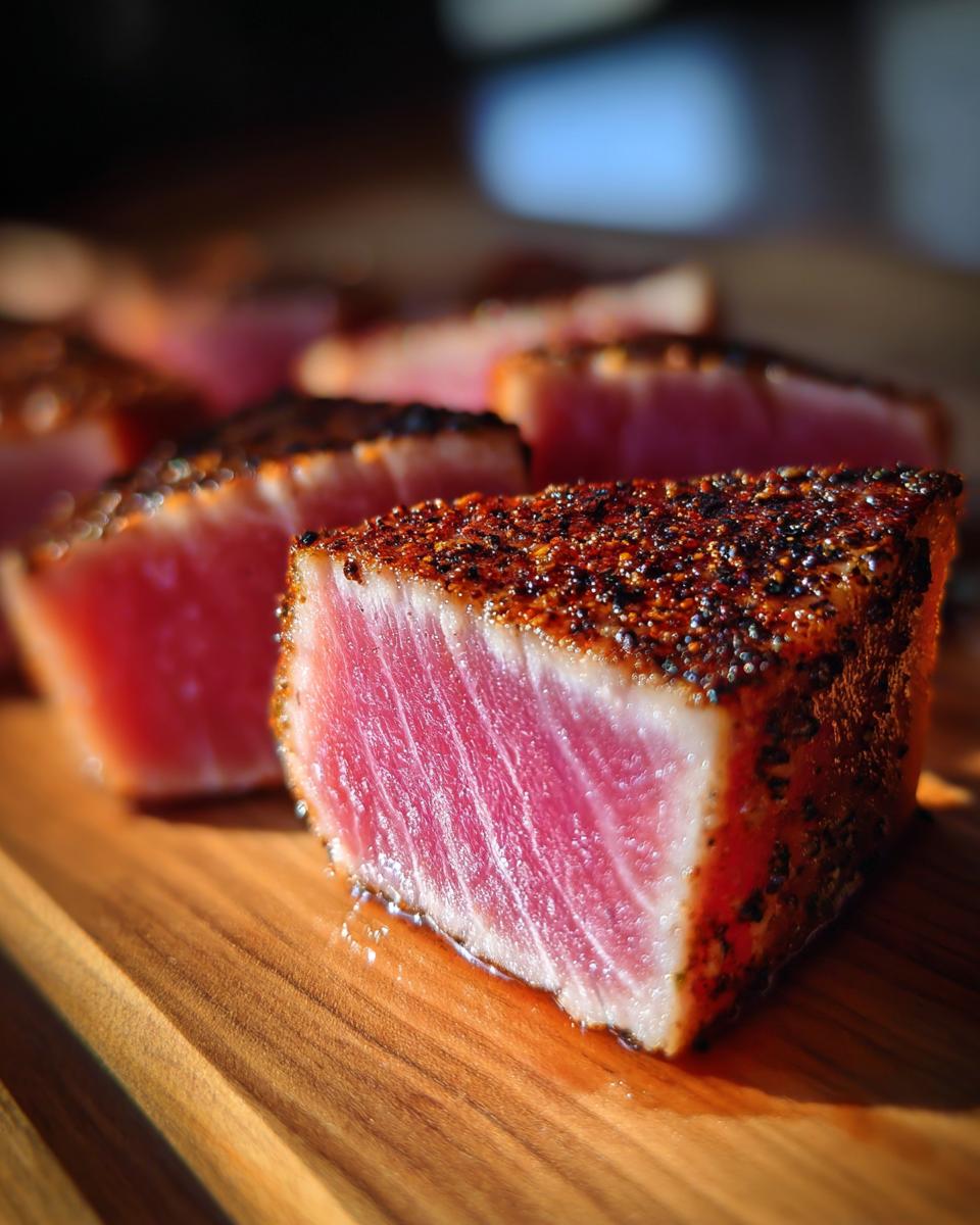Close-up of seared Tuna Steaks with a dark crust and pink interior, arranged on a wooden board.