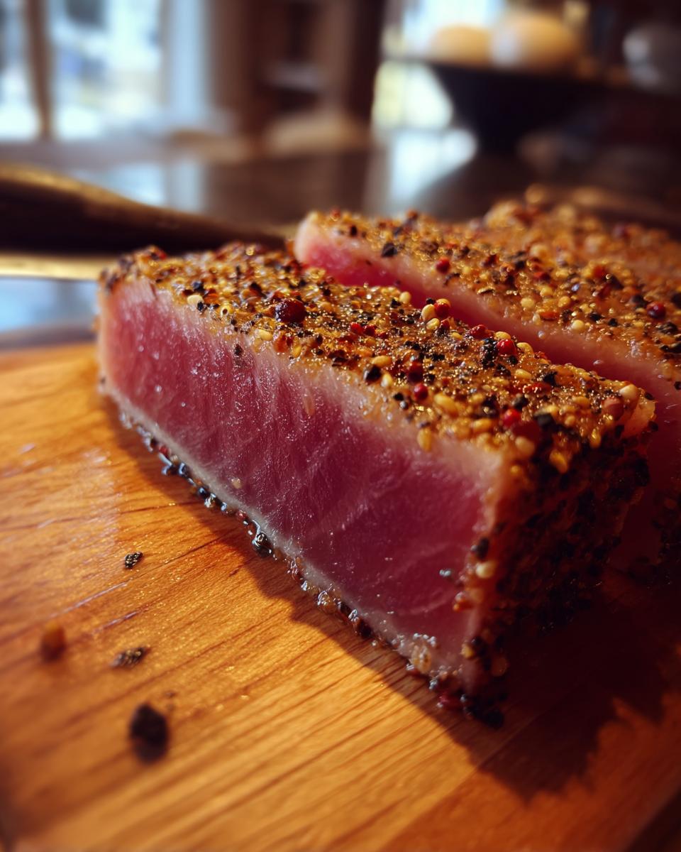 Close-up of beautifully seared Tuna Steaks coated in a peppercorn crust, resting on a wooden cutting board.