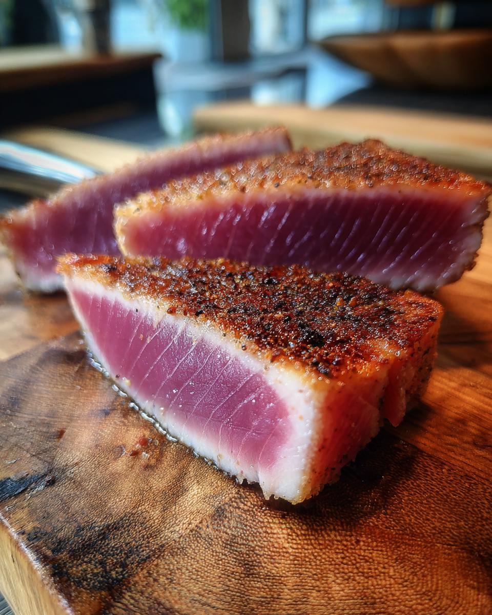 Close-up of three perfectly seared Tuna Steaks with a peppery crust, resting on a rustic wooden cutting board.