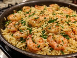 Close-up of shrimp orzo in lemon garlic sauce, garnished with fresh parsley, in a skillet.