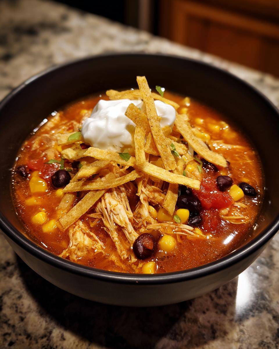 A close-up of a bowl of slow cooker chicken tortilla soup topped with sour cream, tortilla strips, and cilantro.
