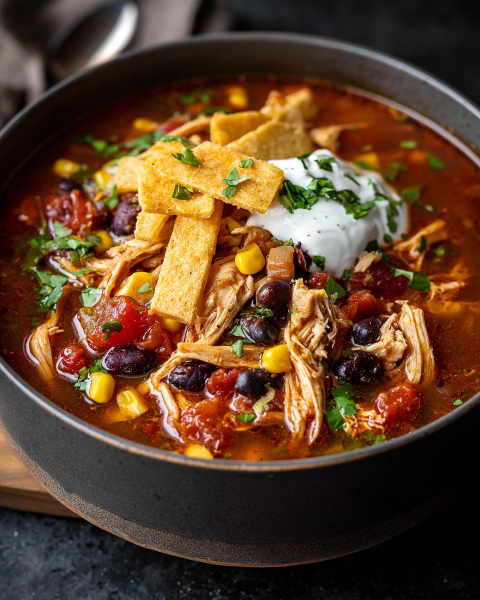 A close-up of a bowl of slow cooker chicken tortilla soup, topped with sour cream, tortilla strips, and cilantro.