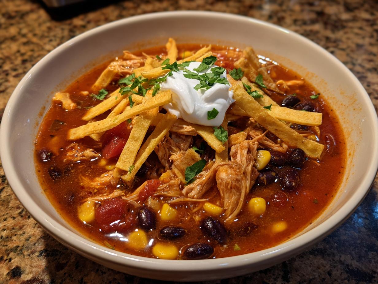 A hearty bowl of slow cooker chicken tortilla soup topped with sour cream, tortilla strips, and cilantro.