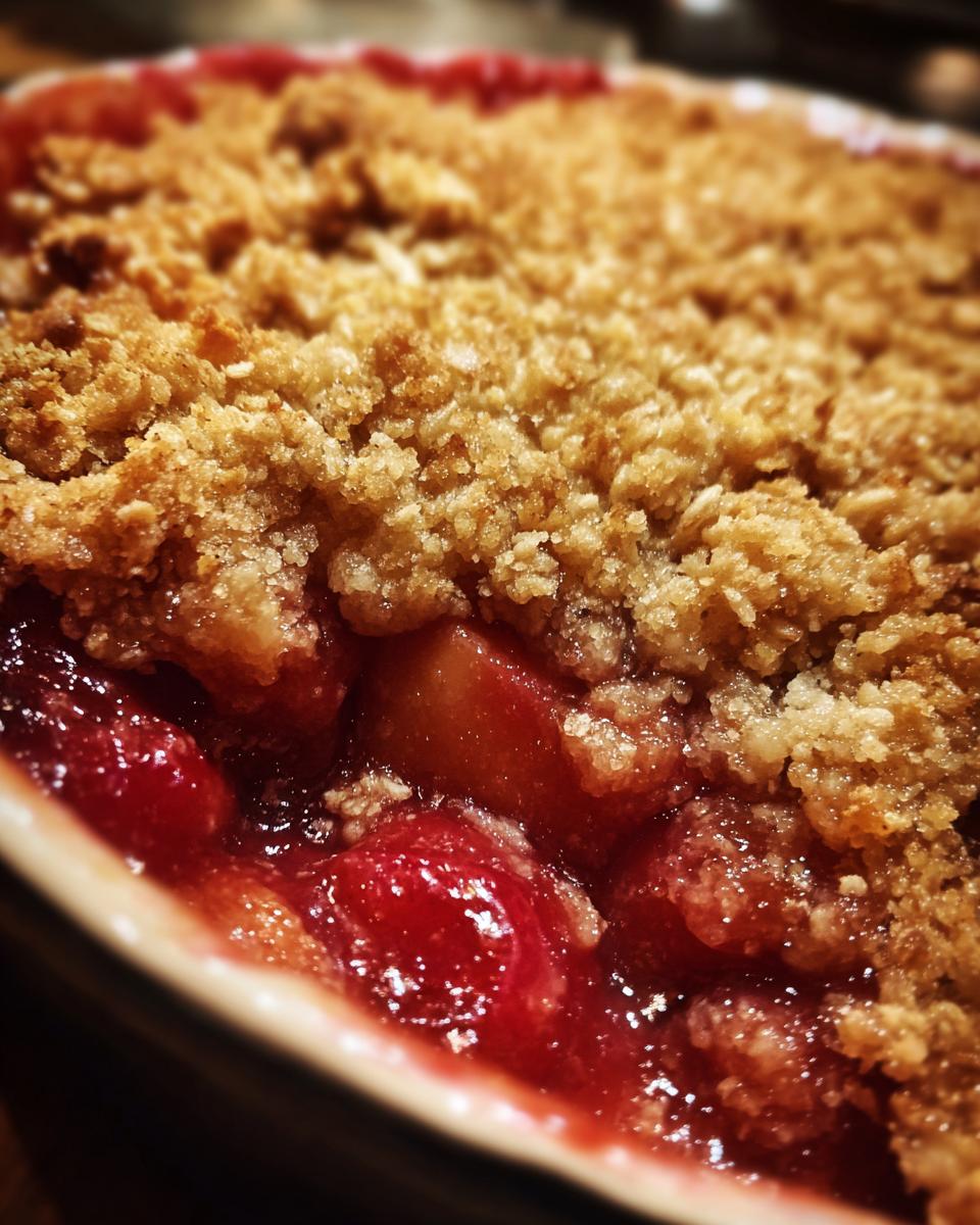 Close-up of a bubbling sour cherry crisp with a golden brown crumble topping.