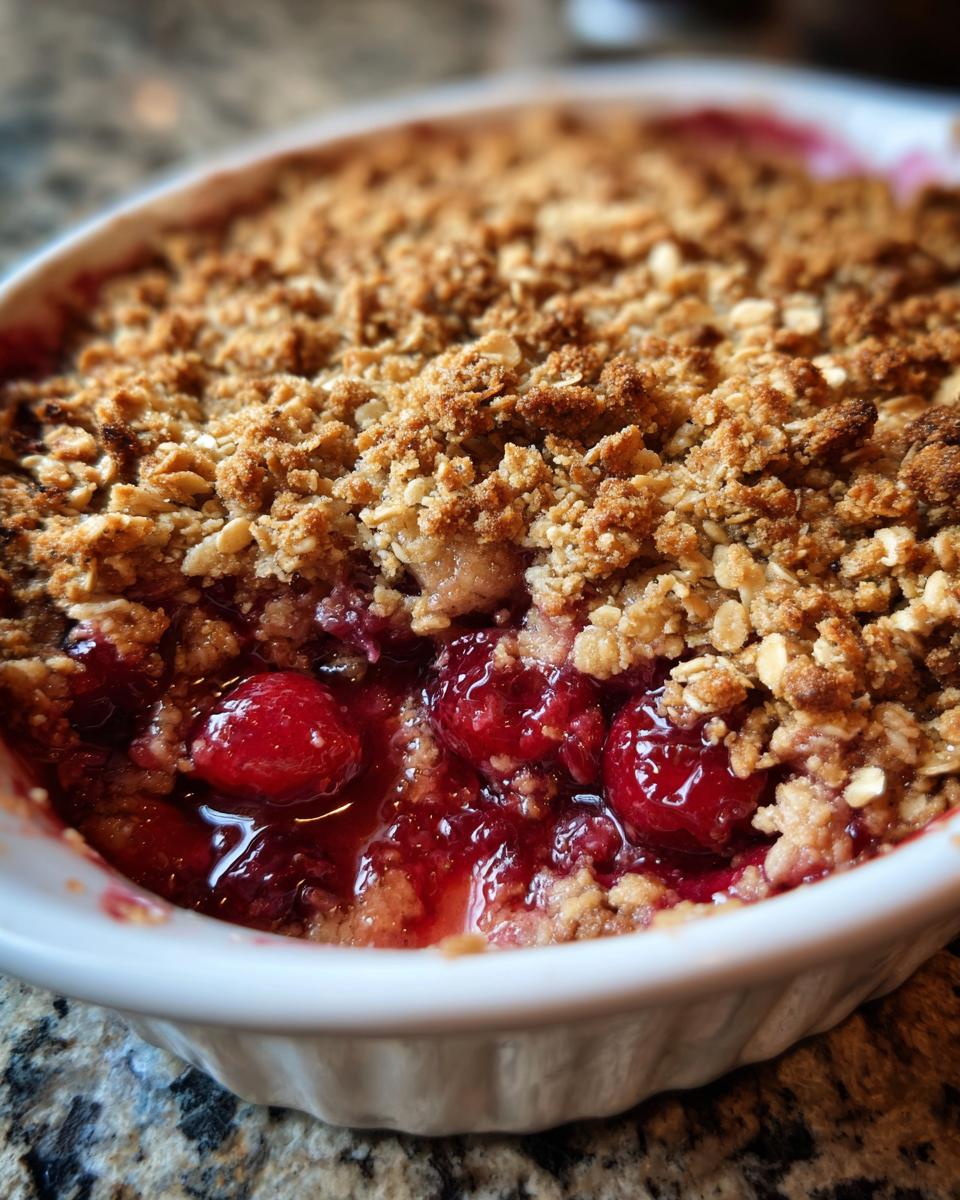 Close-up of a bubbling sour cherry crisp with a golden oat topping in a white baking dish.