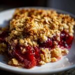 A close-up of a slice of sour cherry crisp on a white plate, showing juicy cherries and a golden oat topping.
