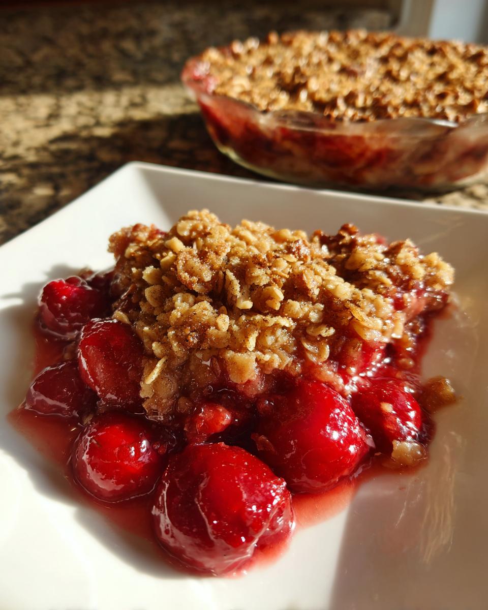 A close-up of a serving of sour cherry crisp on a white plate, showcasing juicy cherries and a crunchy oat topping.