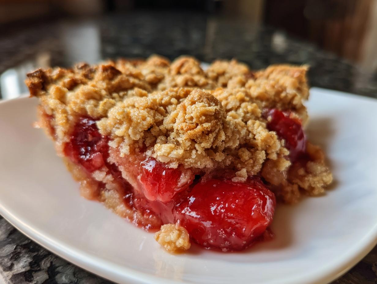 A close-up of a slice of sour cherry crisp on a white plate, showcasing the crumb topping and juicy cherry filling.