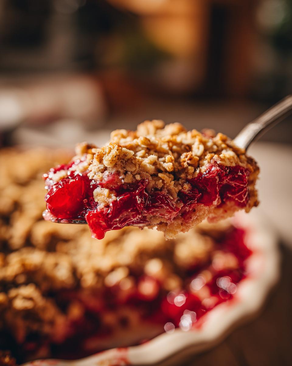 A spoonful of warm sour cherry crisp, showing juicy cherries and a golden oat topping.