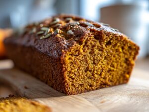 A close-up of a delicious sourdough pumpkin bread loaf topped with pumpkin seeds, sliced on a wooden cutting board.