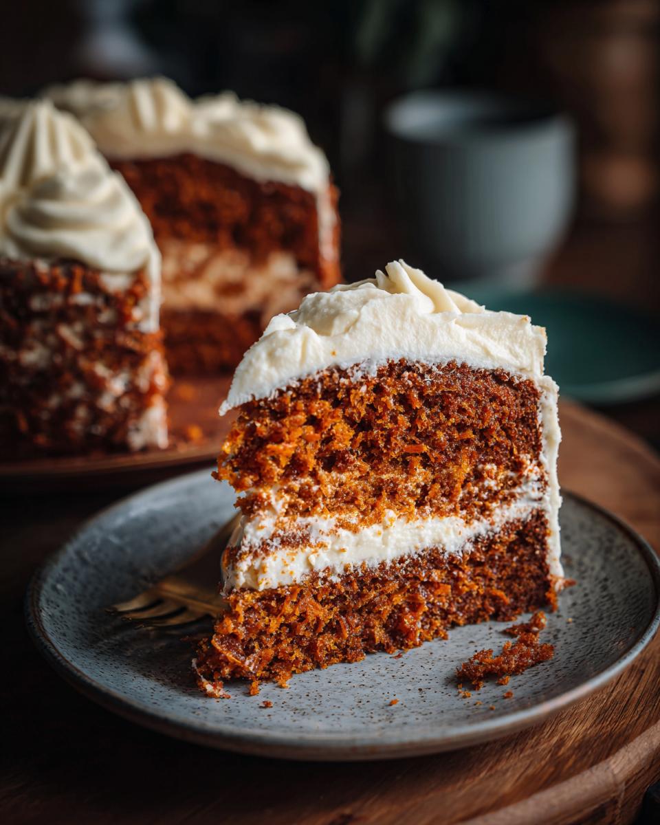 A slice of moist southern sweet potato cake with creamy frosting and visible sweet potato shreds.