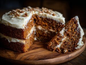A slice of moist southern sweet potato cake with cream cheese frosting and walnuts, showing layers of cake and filling.