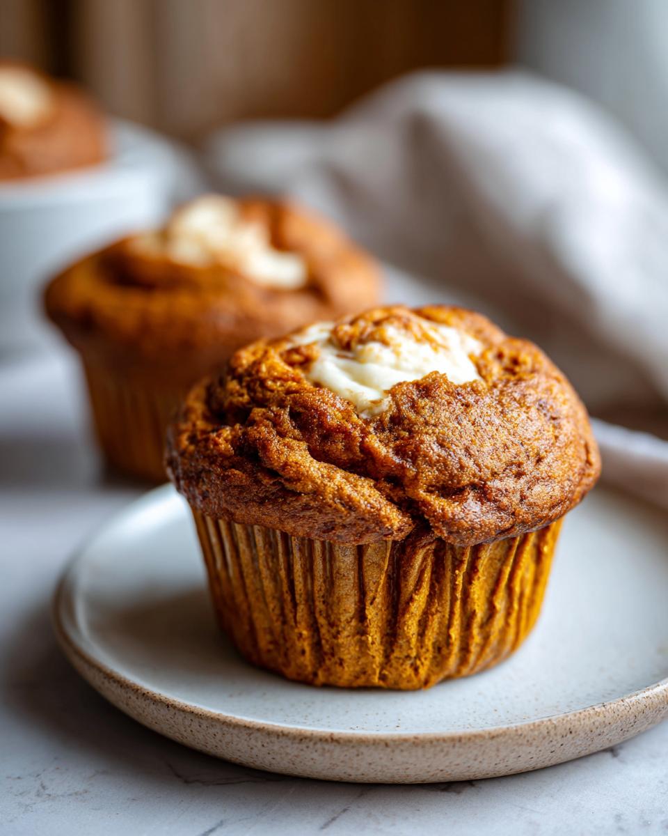 Close-up of a Starbucks pumpkin cream cheese muffin on a plate, with a swirl of cream cheese filling.