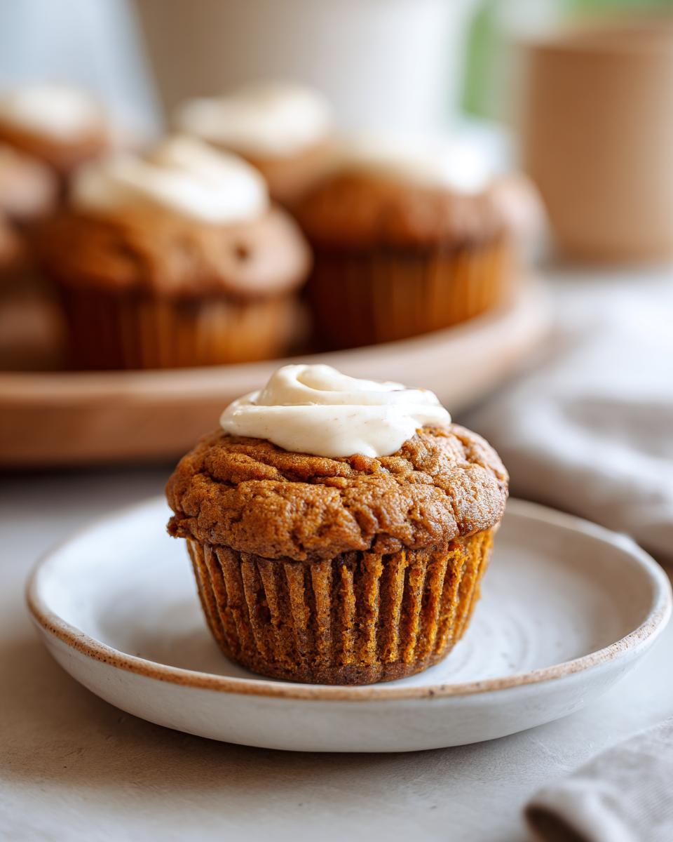 A close-up of a Starbucks pumpkin cream cheese muffin topped with frosting on a white plate.