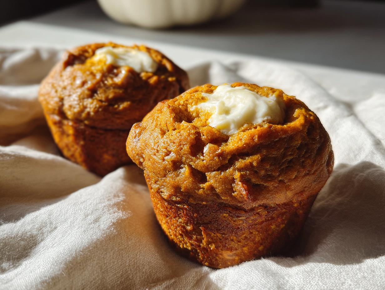 Close-up of two Starbucks pumpkin cream cheese muffins with a dollop of cream cheese frosting on top.