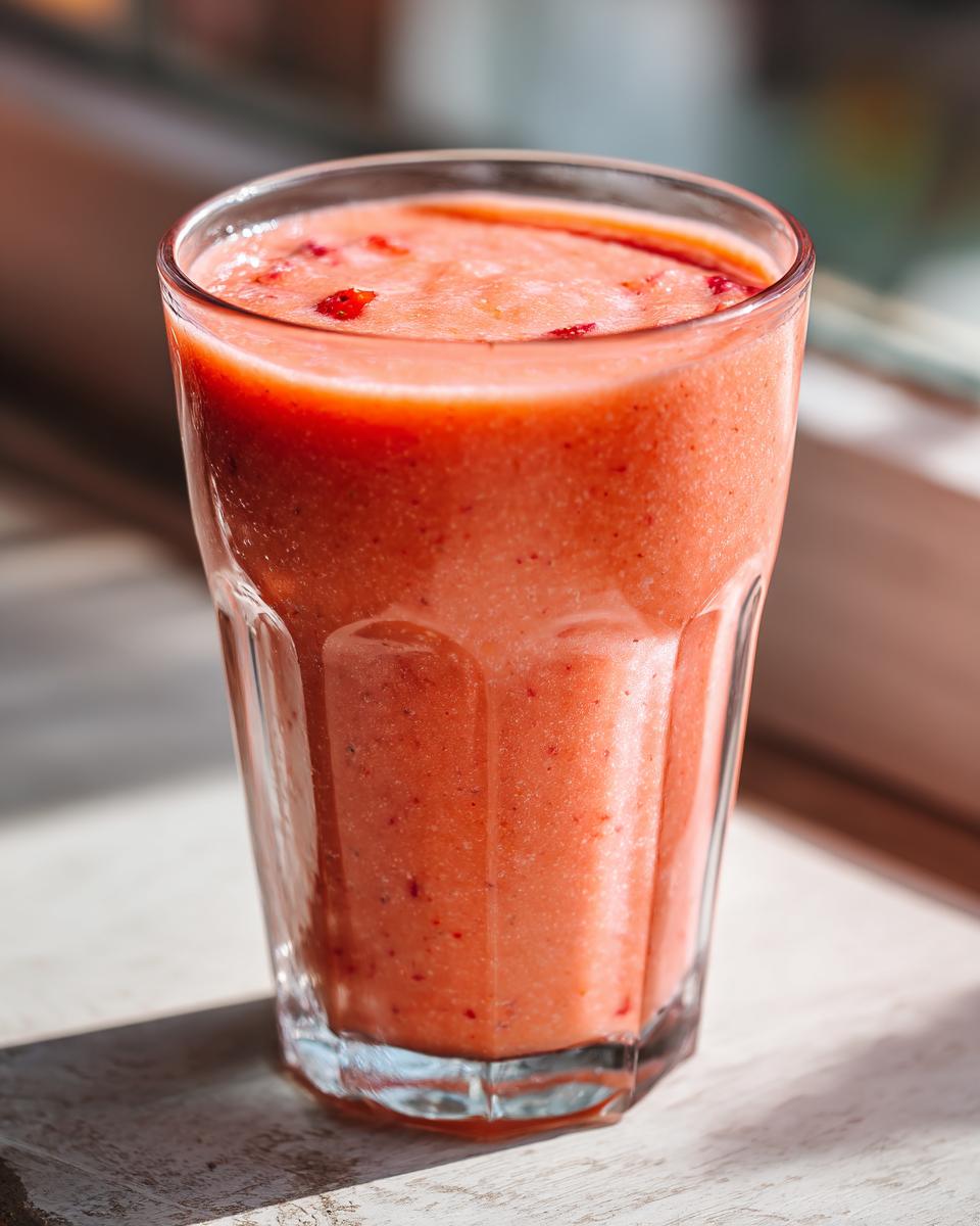 A close-up of a tall glass filled with a vibrant pink Strawberry Mango Smoothie, showing its thick texture and small fruit pieces.