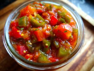 Close-up of a glass jar filled with vibrant, freshly canned tomato salsa, featuring chunks of tomatoes and green peppers.