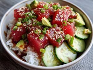 A vibrant Tuna Poke Bowl filled with fresh tuna cubes, creamy avocado, sliced cucumber, and white rice, drizzled with sauce and sprinkled with sesame seeds and green onions.