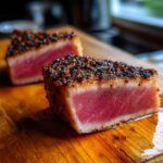 Two perfectly seared tuna steaks with a peppercorn crust, showcasing their vibrant pink interior.