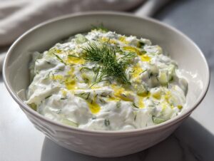 A white bowl filled with creamy Tzatziki sauce, featuring diced cucumber, fresh dill, and a drizzle of olive oil.