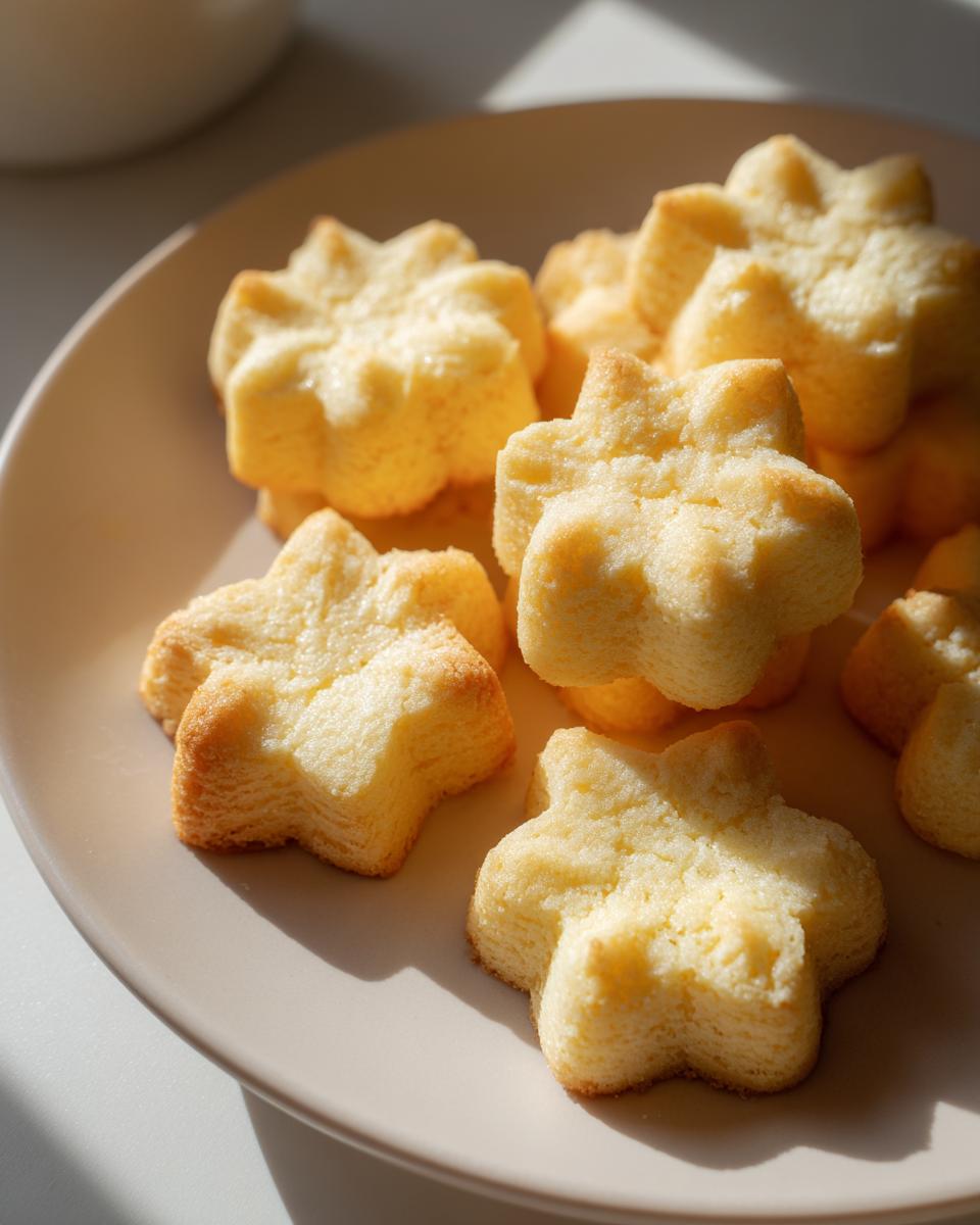 A close-up of several star-shaped whipped shortbread cookies stacked on a light brown plate, bathed in natural light.
