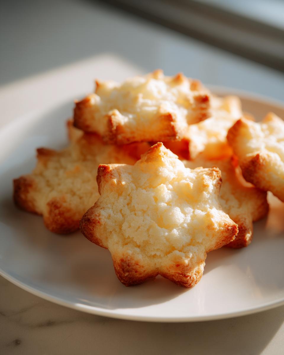 A stack of star-shaped, golden brown whipped shortbread cookies on a white plate, bathed in soft light.
